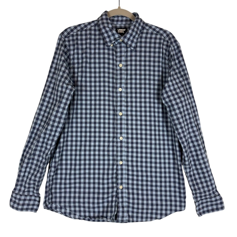 Lands' End Shirt Mens Medium Blue Check Long Sleeve Button Down Stretch Casual